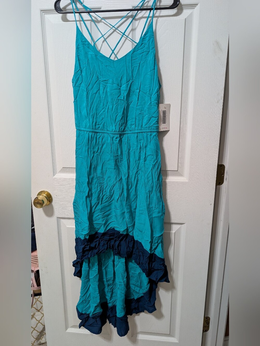 justfab Women’s Teal High-Low Spaghetti Strap Dress with Navy Hem size Medium